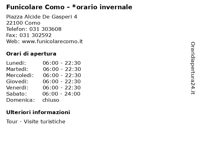 Orari di apertura Funicolare Como orario invernale